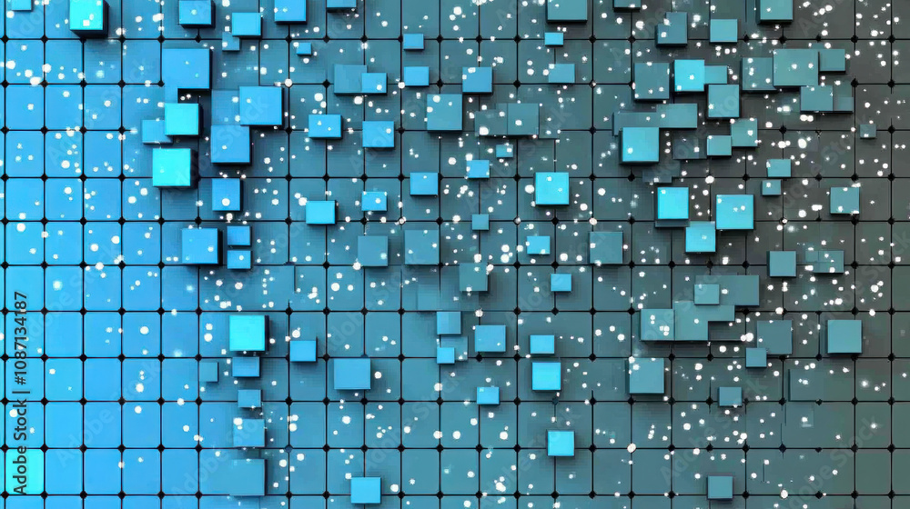 Fototapeta premium Floating blue cubes, various sizes, create a three dimensional effect above a grid background