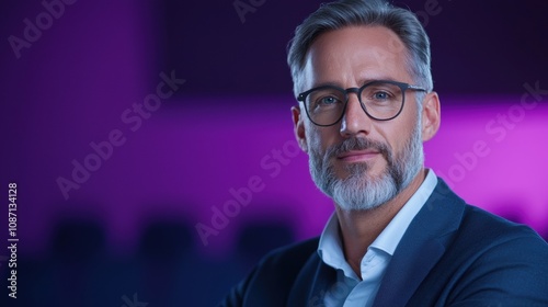 A man wearing glasses and a suit is standing in front of a purple background