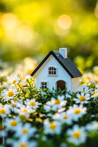 A small white house sitting in a field of daisies photo