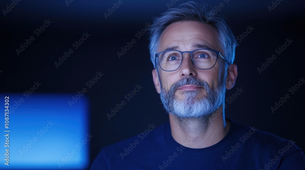 Fototapeta premium A man with glasses is staring at a computer screen