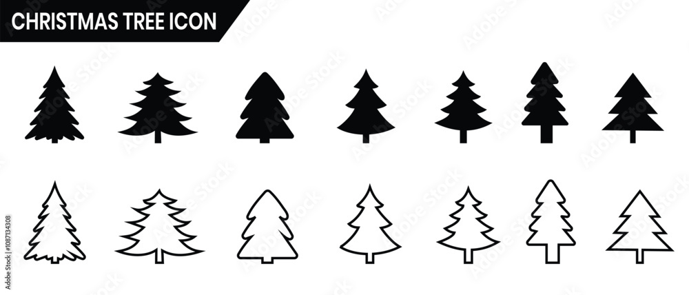 Obraz premium Christmas, Pine, tree line icon. Christmas trees icon, vector set. Set of black Christmas tree icons silhouette design. Pine tree icon, vector, silhouette set. Tree vector illustration.