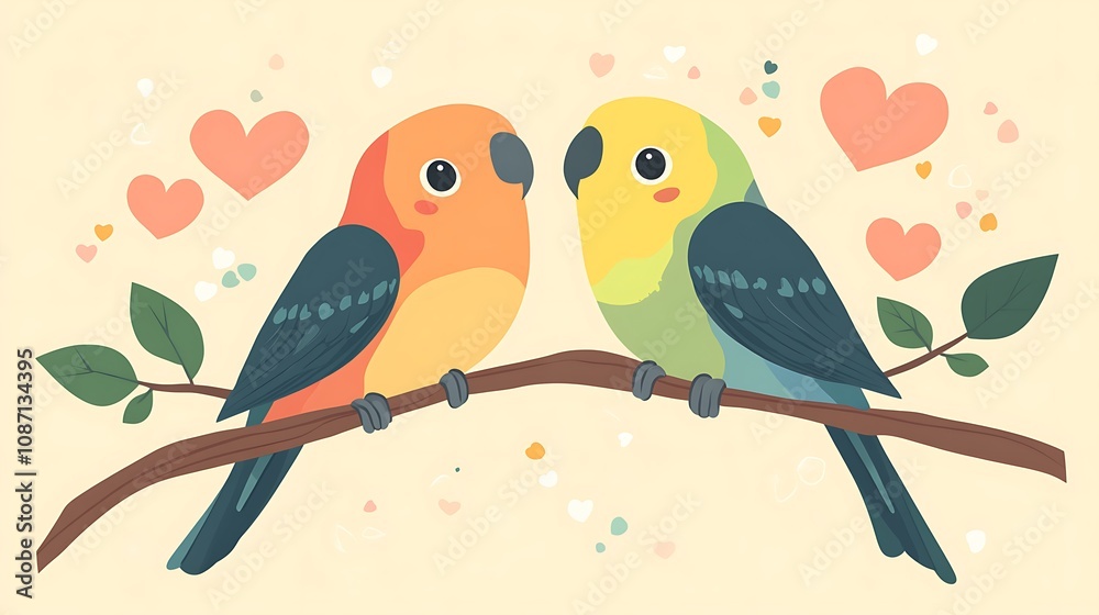 Lovebirds on a Branch with Hearts Lovebirds on a Branch with Hearts