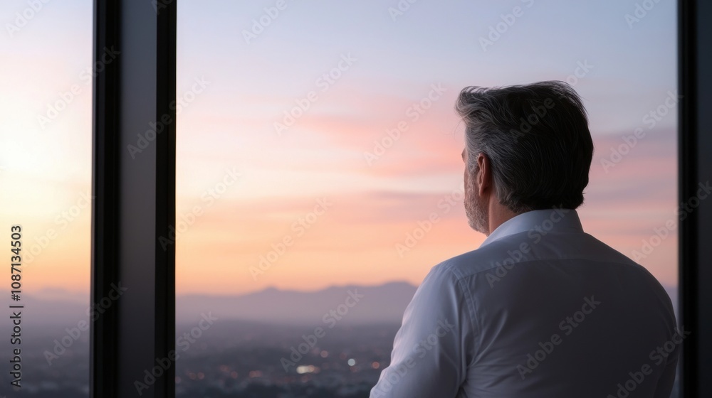 Fototapeta premium A man in a white shirt is looking out a window at a beautiful sunset