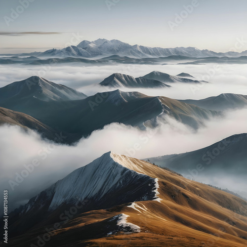 Beautiful shot of high white hilltops and mountains covered in fog