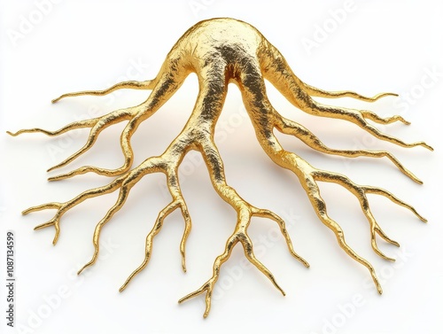 Golden tree roots sculpture on white isolated background