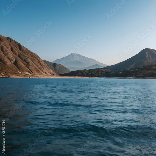 Beautiful shot of sea with a mountain in the distance and a clear sky