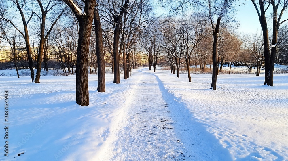Obraz premium Snowy Forest Path with Frost-Covered Trees in a Serene Winter Wonderland