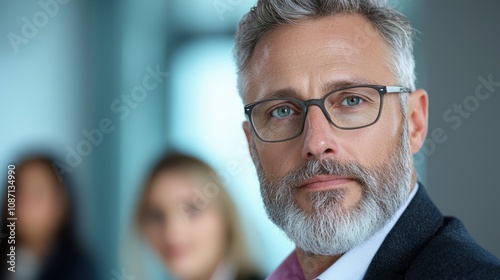 A man with glasses is standing in front of two other people