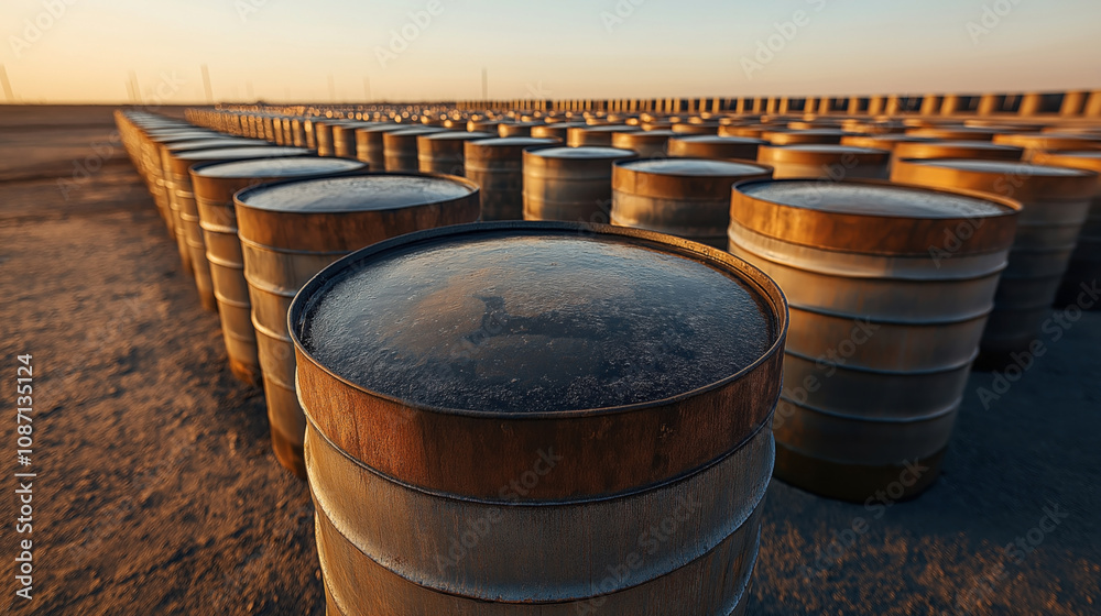 A large field with rows of rusty metal barrels under a clear sky during sunset, creating a warm golden hue and emphasizing the industrial theme. A large field with rows of rusty metal barrels under a clear sky during sunset, creating a warm golden hue and emphasizing the industrial theme.