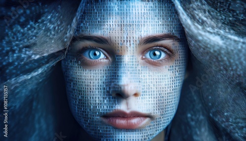  Digital representation of a human face covered in binary code, symbolizing artificial intelligence and data processing  photo