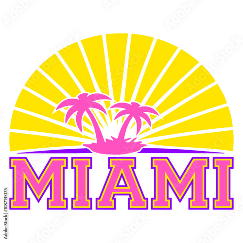 Miami Beach Florida USA Palms Sun America Fun Text Design Lover Art Vector Illustration Card T-Shirt Poster Sticker Graphic Print Decorative Drawing Isolated Logo Decoration Symbol Creative Cool Style