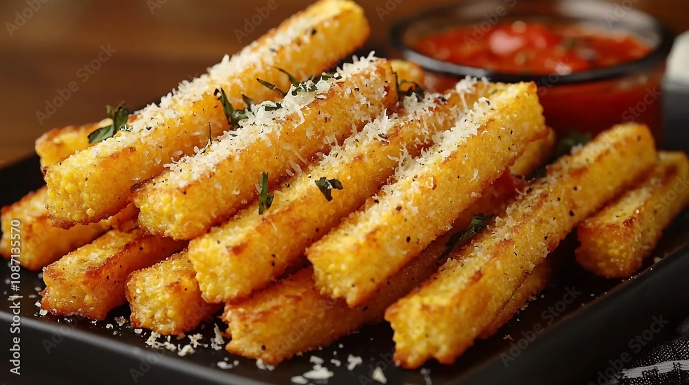 Crispy Bite-sized Savory, Bite-sized Crispy Polenta Fries Served with Marinara Sauce Crispy Bite-sized Savory, Bite-sized Crispy Polenta Fries Served with Marinara Sauce
