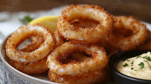 Crispy Bite-sized Savory, Crisp and Golden Calamari Rings with Tangy Lemon Aioli on a Plate