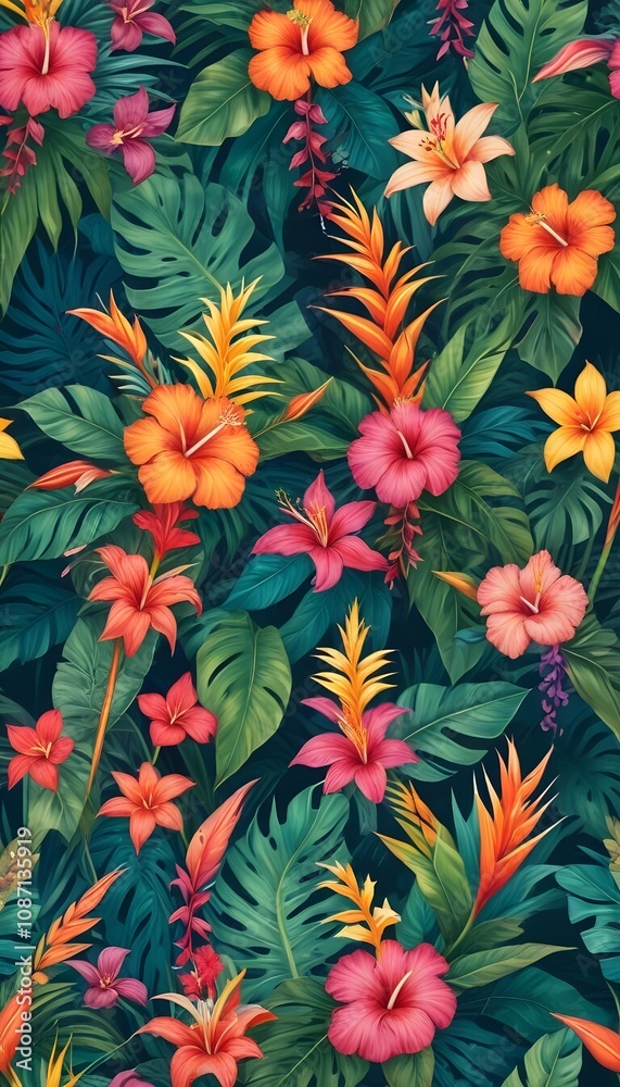 Tropical exotic pattern with animal and flowers in bright colors and lush vegetation Tropical exotic pattern with animal and flowers in bright colors and lush vegetation