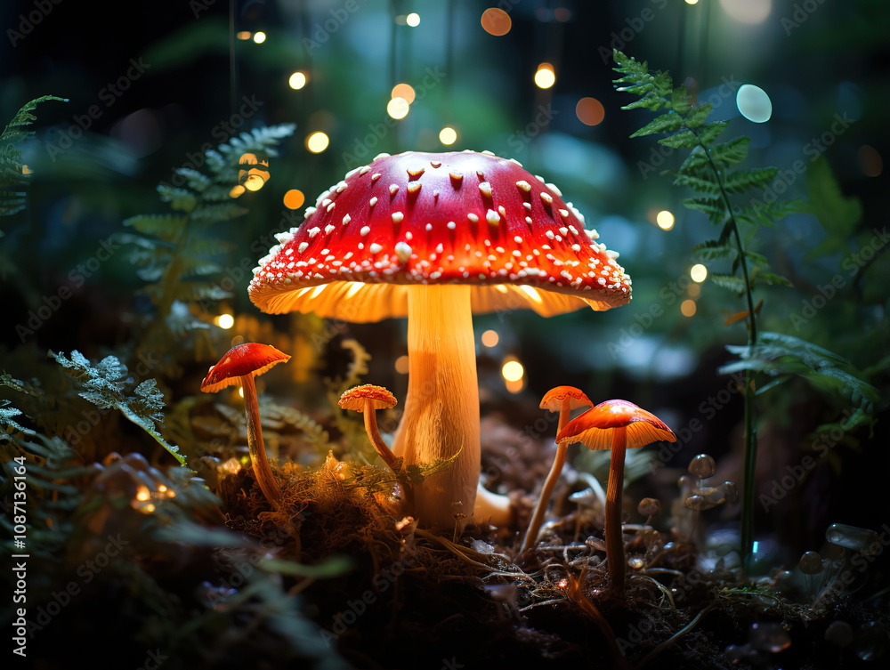 Fototapeta premium Outstanding fly agaric mushroom in the forest glowing