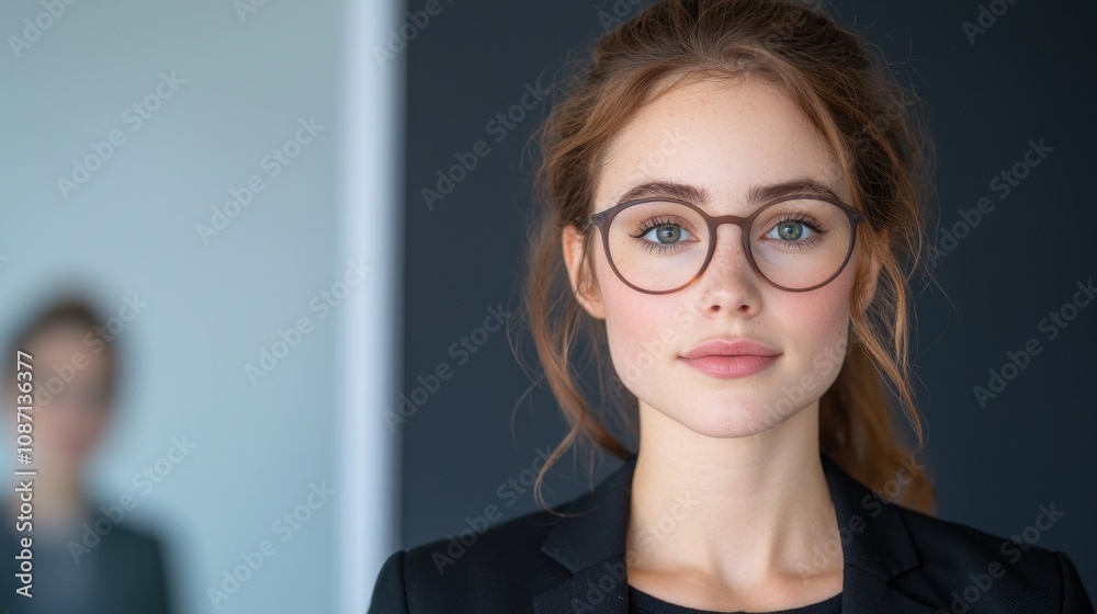 A woman wearing glasses and a black suit A woman wearing glasses and a black suit