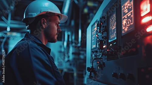 A Worker in a Hard Hat Monitoring a Control Panel in an Industrial Setting