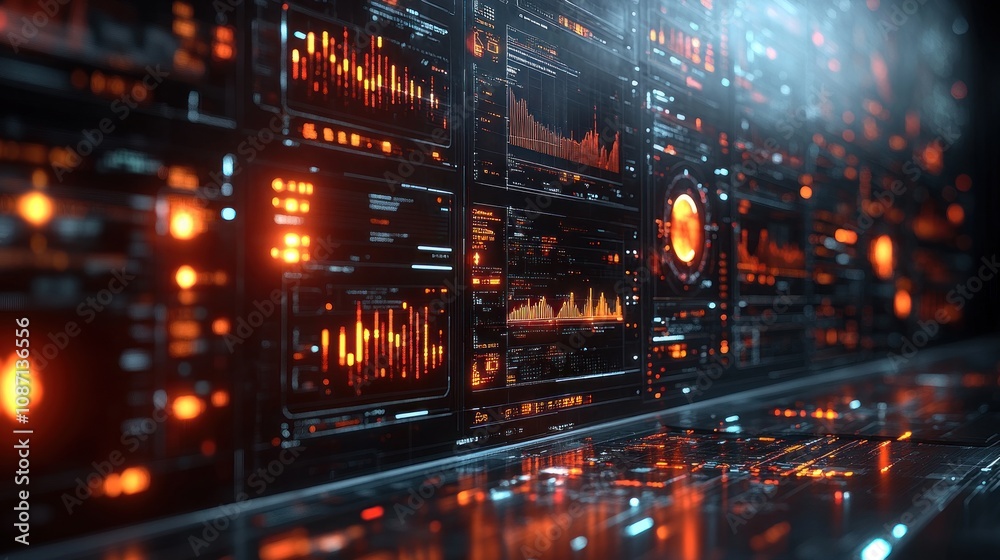 Obraz premium Futuristic data interface with glowing panels and visualizations.