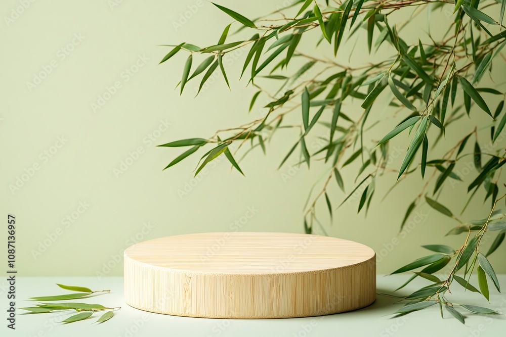 Pedestal for cosmetic product and packaging mockups display presentation - round wooden podium decorated with green bamboo leaves on pastel background.