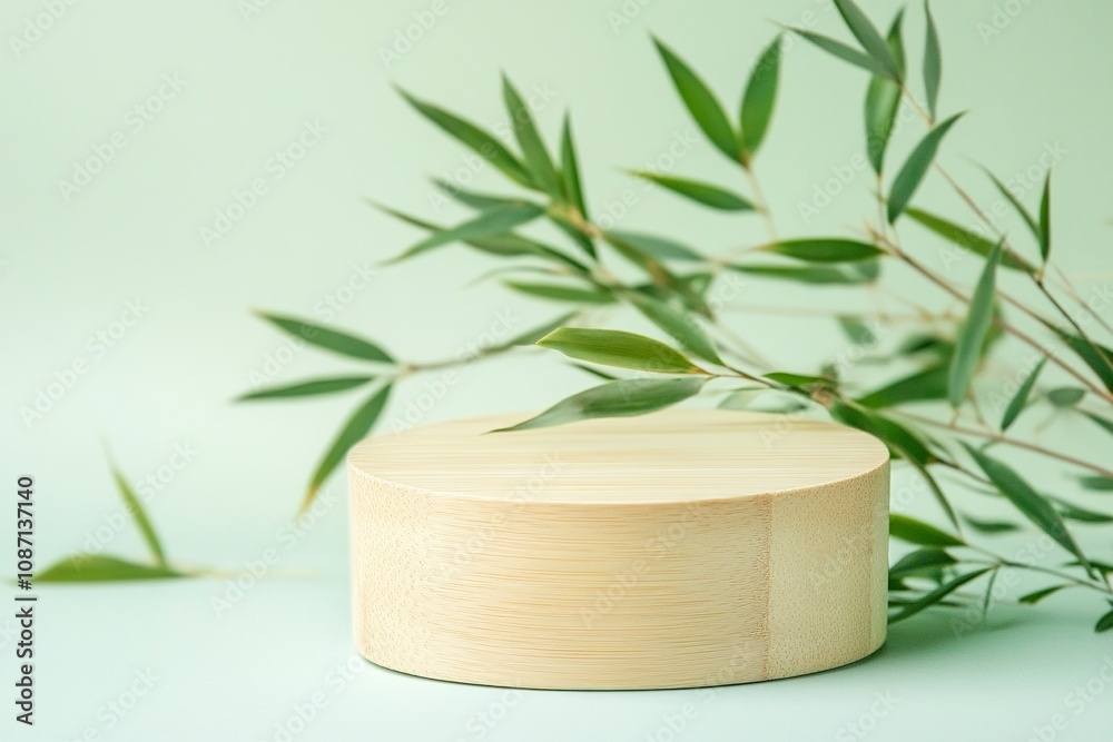 Pedestal for cosmetic product and packaging mockups display presentation - round wooden podium decorated with green bamboo leaves on pastel background. Pedestal for cosmetic product and packaging mockups display presentation - round wooden podium decorated with green bamboo leaves on pastel background.