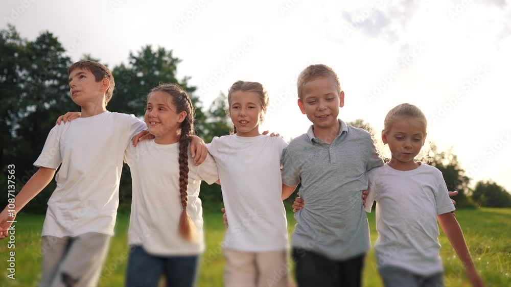 a group of children walk on the grass in the park hugging each other. happy family childhood dream concept. little kids are smiling and walking across lifestyle the field on the grass at sunset a group of children walk on the grass in the park hugging each other. happy family childhood dream concept. little kids are smiling and walking across lifestyle the field on the grass at sunset