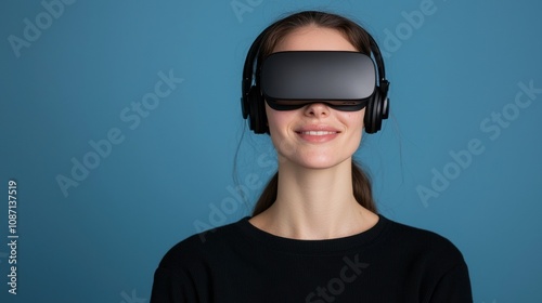 A woman wearing a black shirt and black headphones is smiling