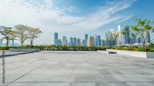 Empty square floor with city skyline background, Cityscape harmony, harmonious cityscape vista photo