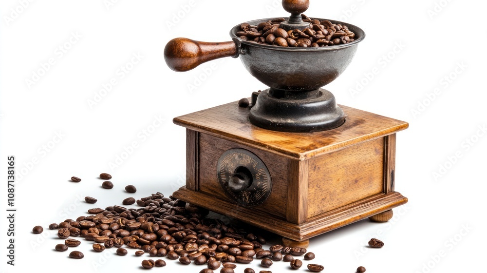 Classic Coffee Grinder and Beans Isolated on White Background. Classic Coffee Grinder and Beans Isolated on White Background.