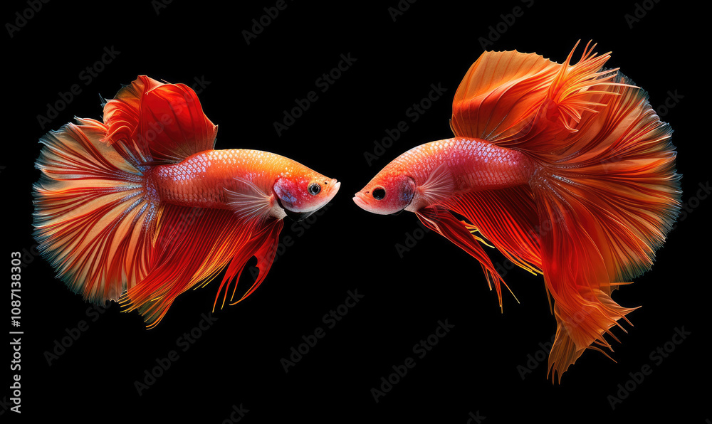 Naklejka premium Beautiful movement of Fullmoon betta fish, Two Fancy Fullmoon Betta, The moving moment beautiful of Siamese Fighting fish, Betta splendens, Rhythmic of Betta fish isolated on black background