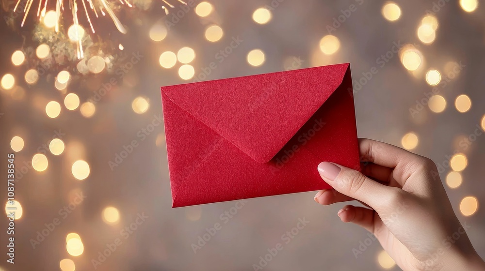 Chinese new year fireworks prosperity concept, A hand holds a sparkling red envelope against a backdrop of festive lights, symbolizing celebration and special occasions. Chinese new year fireworks prosperity concept, A hand holds a sparkling red envelope against a backdrop of festive lights, symbolizing celebration and special occasions.