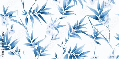 Bamboo Forests and Blossoms: A Seamless Blue Tapestry of Nature's Beauty and Tranquility