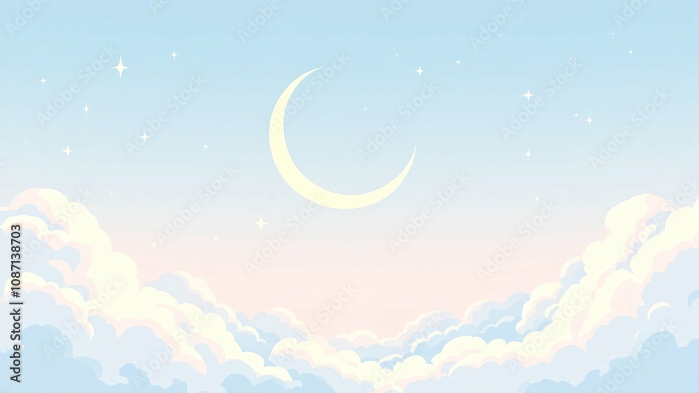 Obraz premium Crescent Moon in Pastel Sky with Soft Clouds and Stars, Dreamy Night Scene, Illustration pc, laptop wallpaper