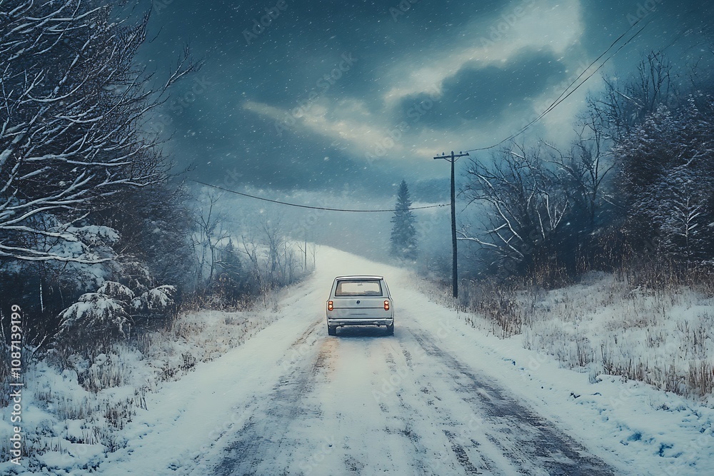 White Van Drives Snowy Winter Road Through Trees White Van Drives Snowy Winter Road Through Trees
