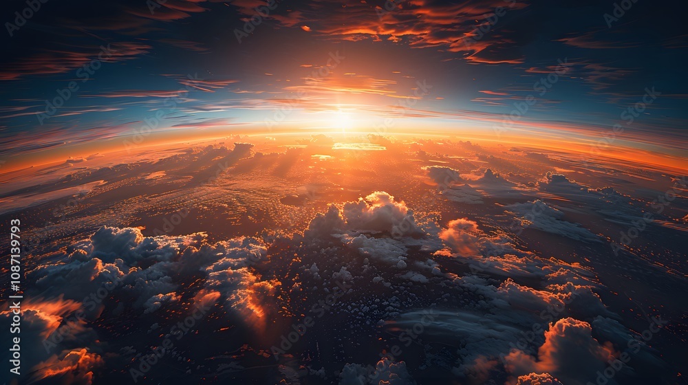 A breathtaking view of a vibrant sunset from high above the clouds. The warm hues of orange and red paint the sky, creating a dramatic and awe-inspiring scene. A breathtaking view of a vibrant sunset from high above the clouds. The warm hues of orange and red paint the sky, creating a dramatic and awe-inspiring scene.