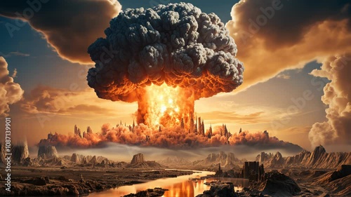 A massive nuclear explosion creates a mushroom cloud over rugged terrain, dramatic and intense atmosphere