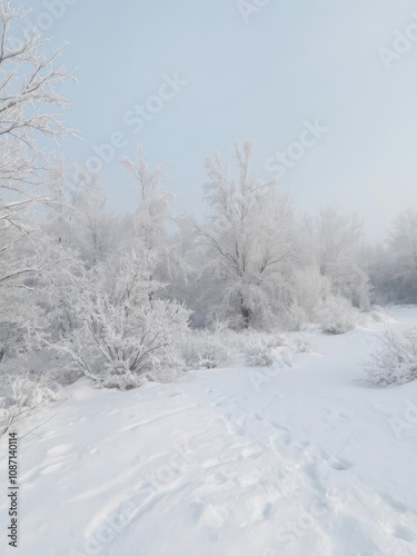 Snow-covered landscape during pre-Christmas time with icy trees and frost covering the ground, Christmas