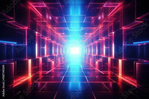 Fantastic Neon tunnel 3d animated futuristic night corridor in the style of purple and pink