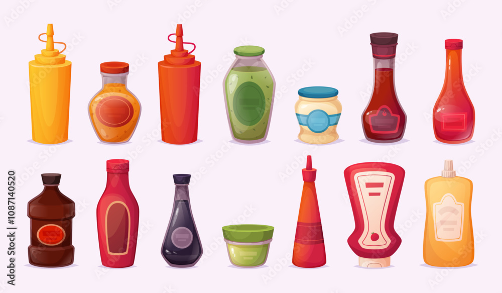 Sauces. Mustard mayo and ketchup bottles for preparing delicious food exact vector cartoon illustrations Sauces. Mustard mayo and ketchup bottles for preparing delicious food exact vector cartoon illustrations