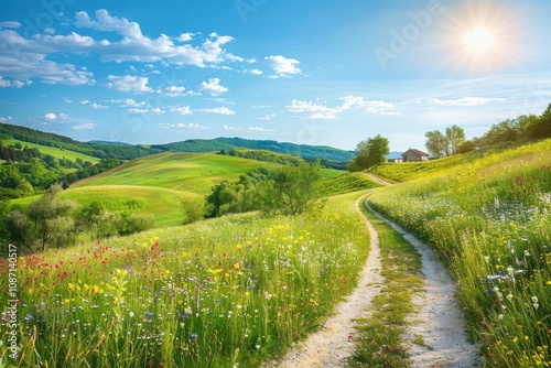 Summer Path Winds Through Fields of Wildflowers and Green Hills with Sunshine