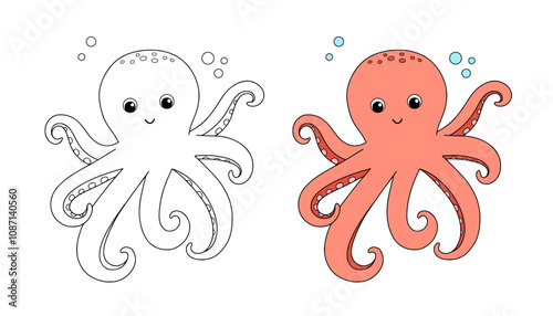 Cute octopus, color and outline cartoon sea animal for children. Vector line nautical illustration for coloring book and page