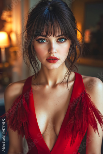 A woman in a red dress with feathers on her shoulders