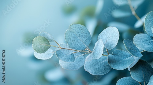 A close-up of eucalyptus leaves against a soft blue background, highlighting their texture and color.