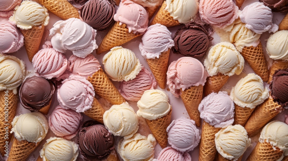 A seamless spread of ice cream cones filled with various flavors like chocolate, vanilla, and strawberry, packed together to fill the frame with creamy textures. A seamless spread of ice cream cones filled with various flavors like chocolate, vanilla, and strawberry, packed together to fill the frame with creamy textures.
