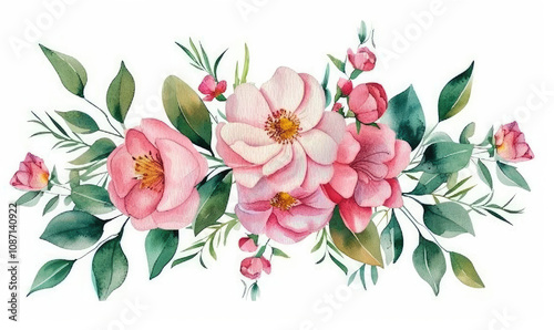 Bouquet made of pink watercolor flowers and green leaves, wedding and greeting