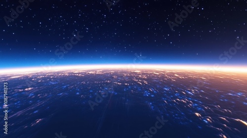 galactic horizon with glowing stars, deep blue background, seamless design, cosmic atmosphere, high detail, serene look, soft lighting