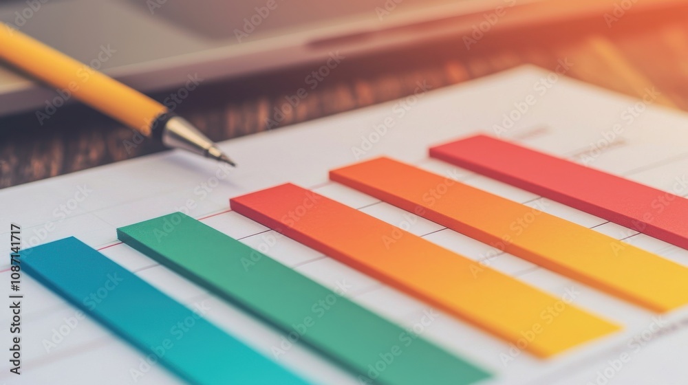 A close-up of colorful bar graphs on paper, accompanied by a pen and a laptop, illustrating data analysis and business insights. A close-up of colorful bar graphs on paper, accompanied by a pen and a laptop, illustrating data analysis and business insights.