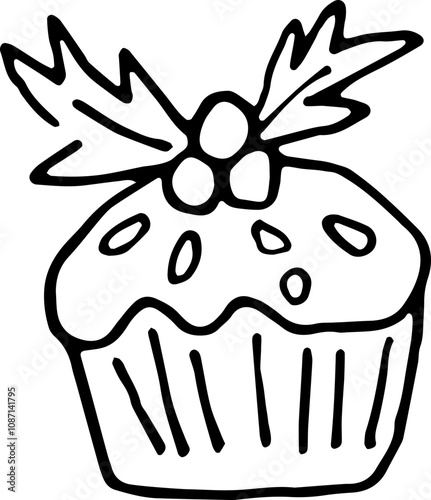 Cupcake outline doodle. Sweet cupcake with cream, berries and sprinkles in doodle style isolated on white background. Black outline drawing of a cupcake for decoration. Handmade vector illustration