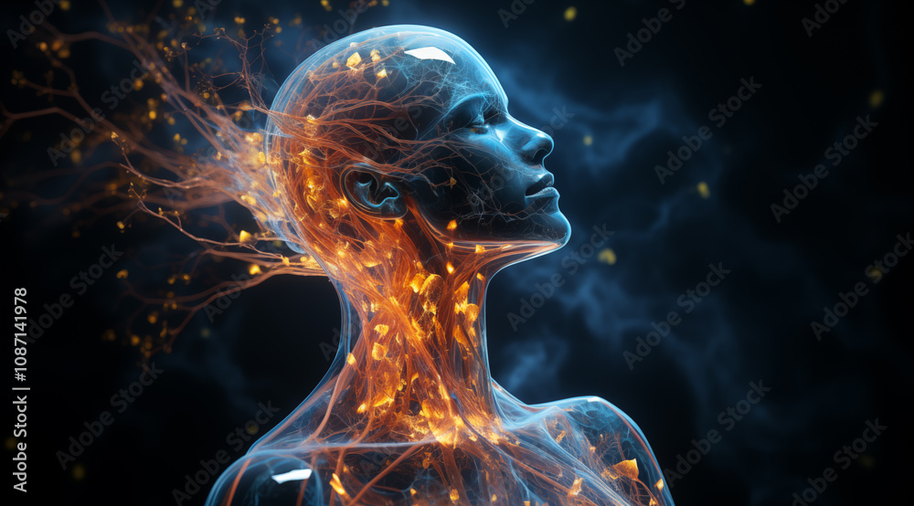 Human silhouette evolving into vibrant digital network of data pathways - Generative AI Human silhouette evolving into vibrant digital network of data pathways - Generative AI