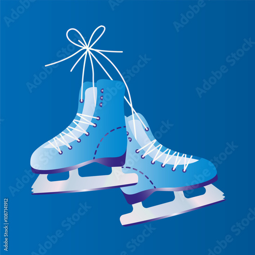Pair of figure skates realistic volumetric, gradient fill, isolated on white background. For emblem, prints, postcards, web pages, winter competitions, sports games.
