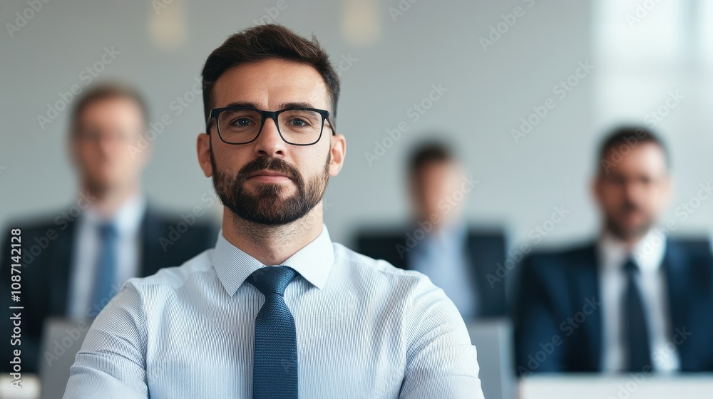 A focused man in a business suit sits in a meeting room, surrounded by colleagues, conveying professionalism and attentiveness.